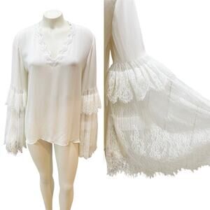Kobi Halperin Boho Silk Lace Bell Sleeve Top Large Bohemian